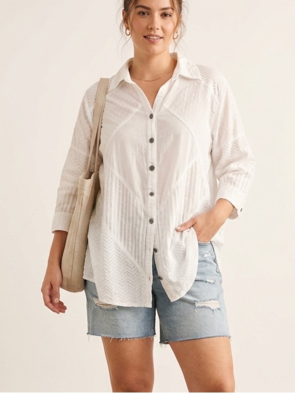 Parsley & Sage White Swiss-Dot Button Patterned Textured Lightweight Blouse Boho